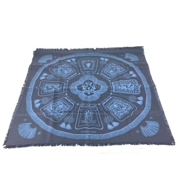 HERMES Kare Fringe 80 Poste et Cavalerie Sabre Bag Scarf silk Navy Unused - Picture 1 of 9
